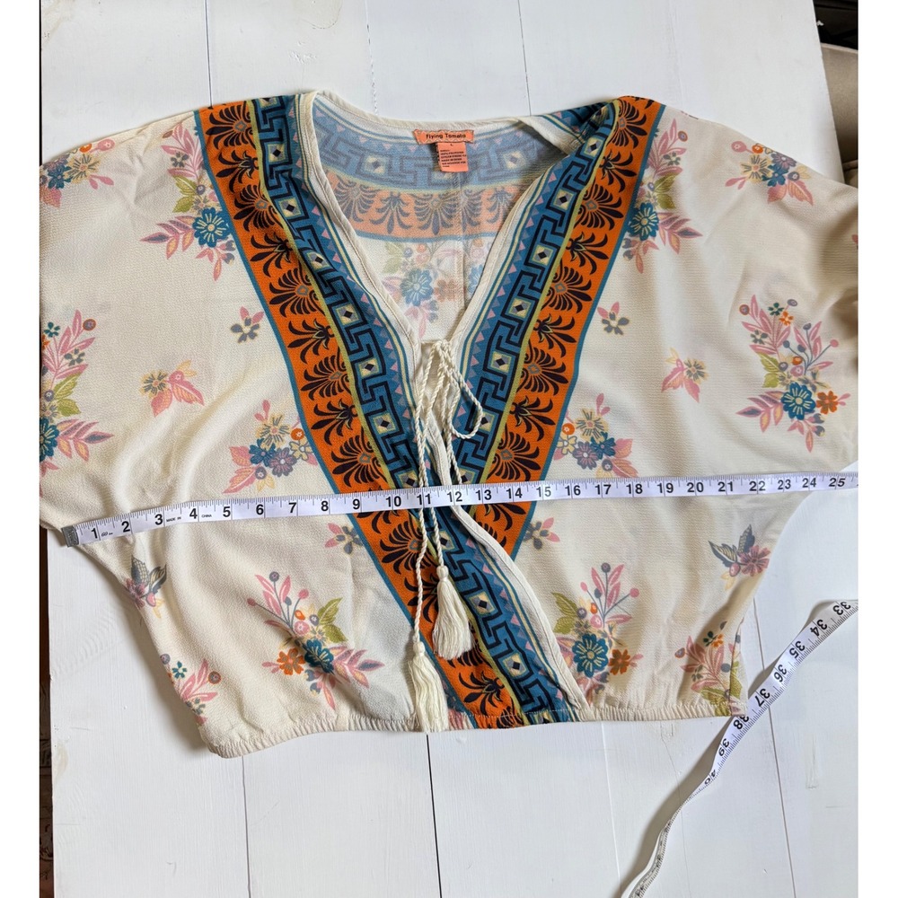 "Desert Carnival Bloom" Boho Floral Geometric Wrap Blouse Batwing Large - Picture 7 of 11